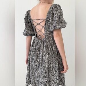 By Together Animal Print Baby Doll Mini Sun Dress Lace Up Back Sz L